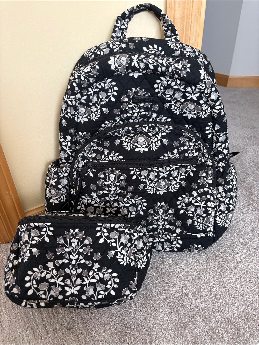 Vera Bradley Black and White Floral Quilted Backpack with Pouch As Is